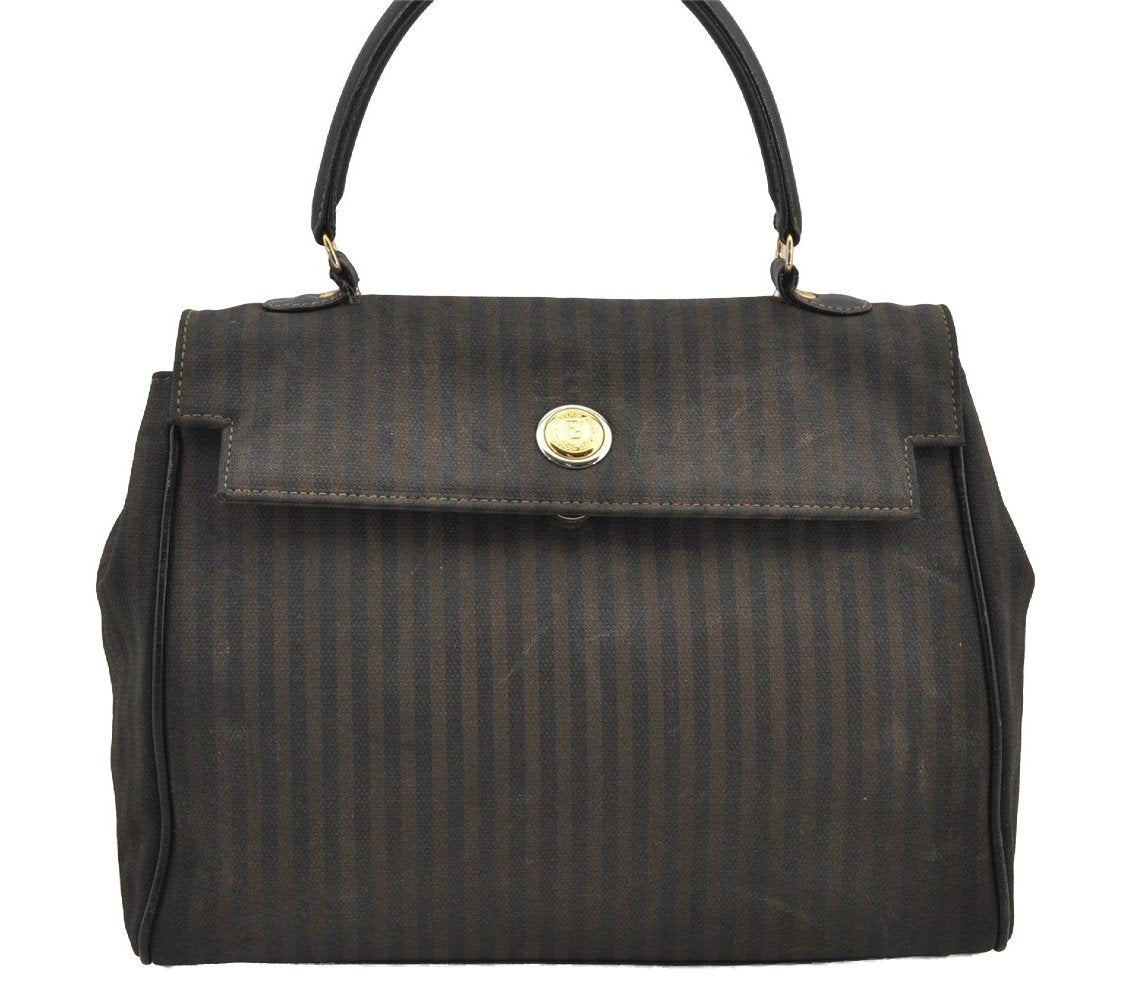 Authentic FENDI Pequin Shoulder Hand Bag Purse PVC Leather Brown Black 2886I