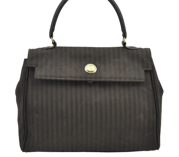 Authentic FENDI Pequin Shoulder Hand Bag Purse PVC Leather Brown Black 2886I