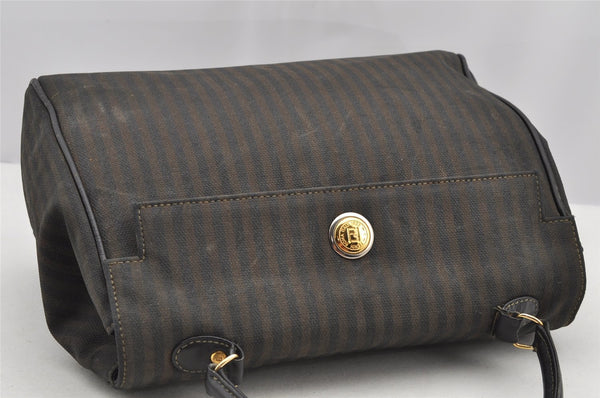 Authentic FENDI Pequin Shoulder Hand Bag Purse PVC Leather Brown Black 2886I