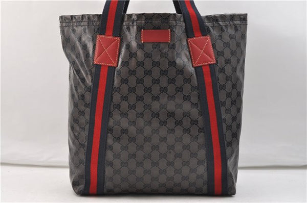 Authentic GUCCI Sherry Line GG Crystal Shoulder Tote Bag PVC Leather Navy 2891E