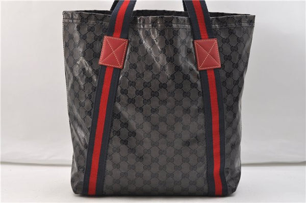 Authentic GUCCI Sherry Line GG Crystal Shoulder Tote Bag PVC Leather Navy 2891E