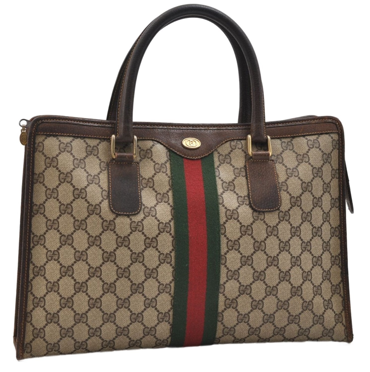 Authentic GUCCI Web Sherry Line Hand Tote Bag Purse GG PVC Leather Brown 2895E