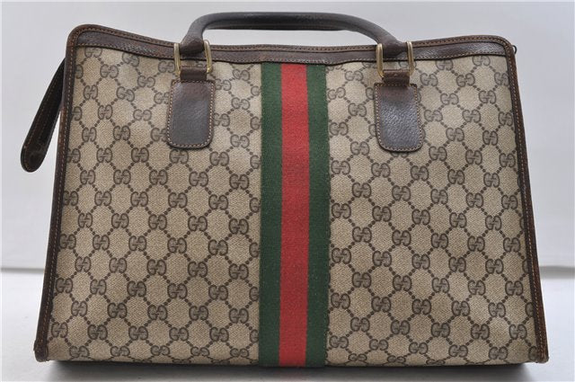 Authentic GUCCI Web Sherry Line Hand Tote Bag Purse GG PVC Leather Brown 2895E