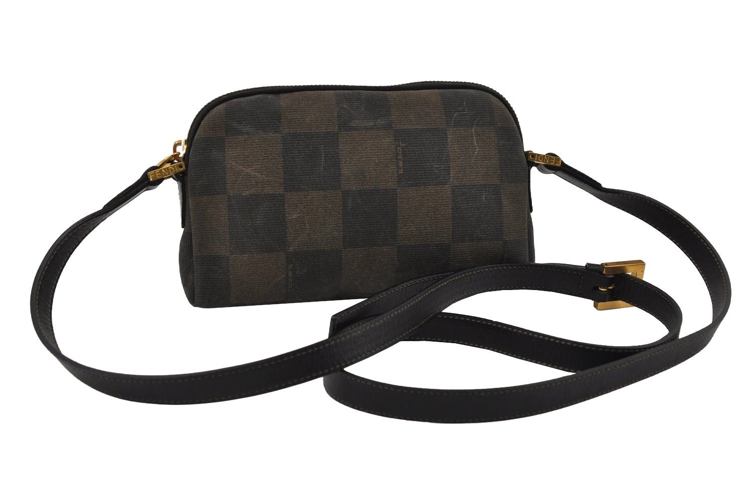 Authentic FENDI Pequin Check Shoulder Cross Bag PVC Leather Brown Black 2905I