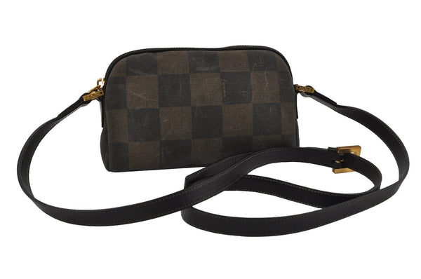 Authentic FENDI Pequin Check Shoulder Cross Bag PVC Leather Brown Black 2905I