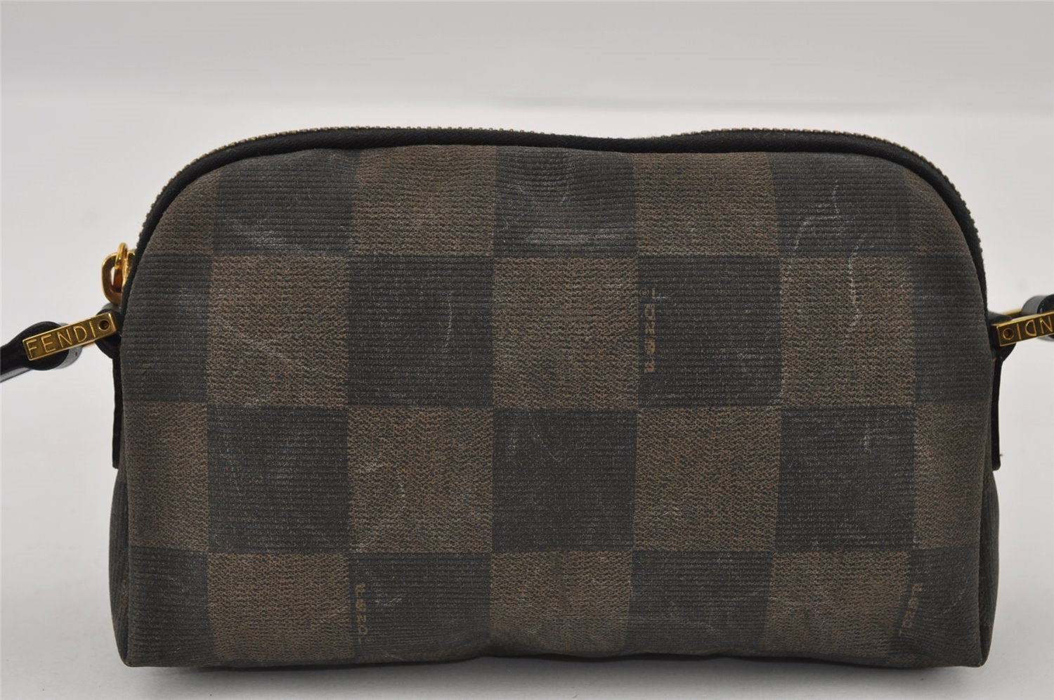 Authentic FENDI Pequin Check Shoulder Cross Bag PVC Leather Brown Black 2905I