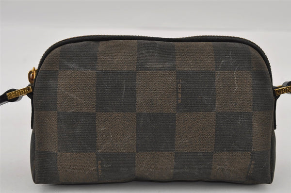 Authentic FENDI Pequin Check Shoulder Cross Bag PVC Leather Brown Black 2905I