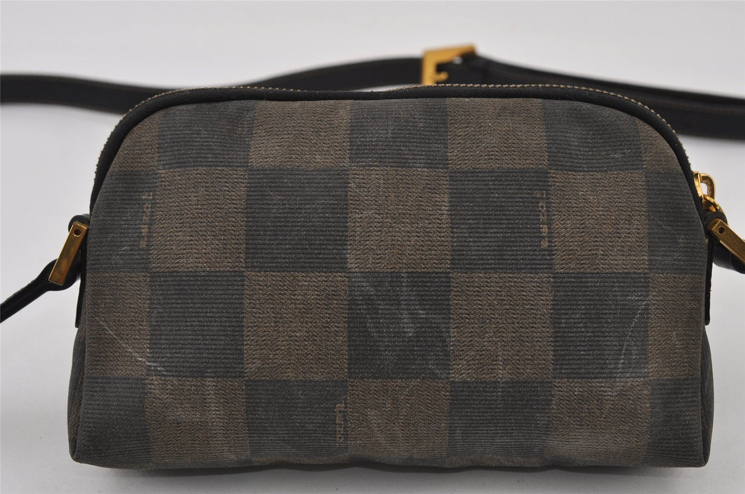 Authentic FENDI Pequin Check Shoulder Cross Bag PVC Leather Brown Black 2905I