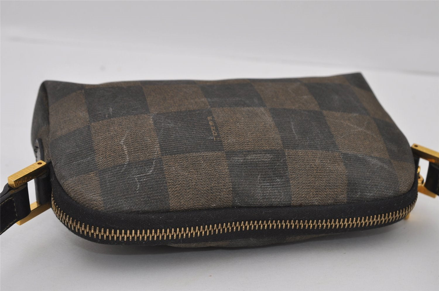 Authentic FENDI Pequin Check Shoulder Cross Bag PVC Leather Brown Black 2905I