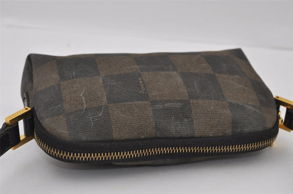 Authentic FENDI Pequin Check Shoulder Cross Bag PVC Leather Brown Black 2905I