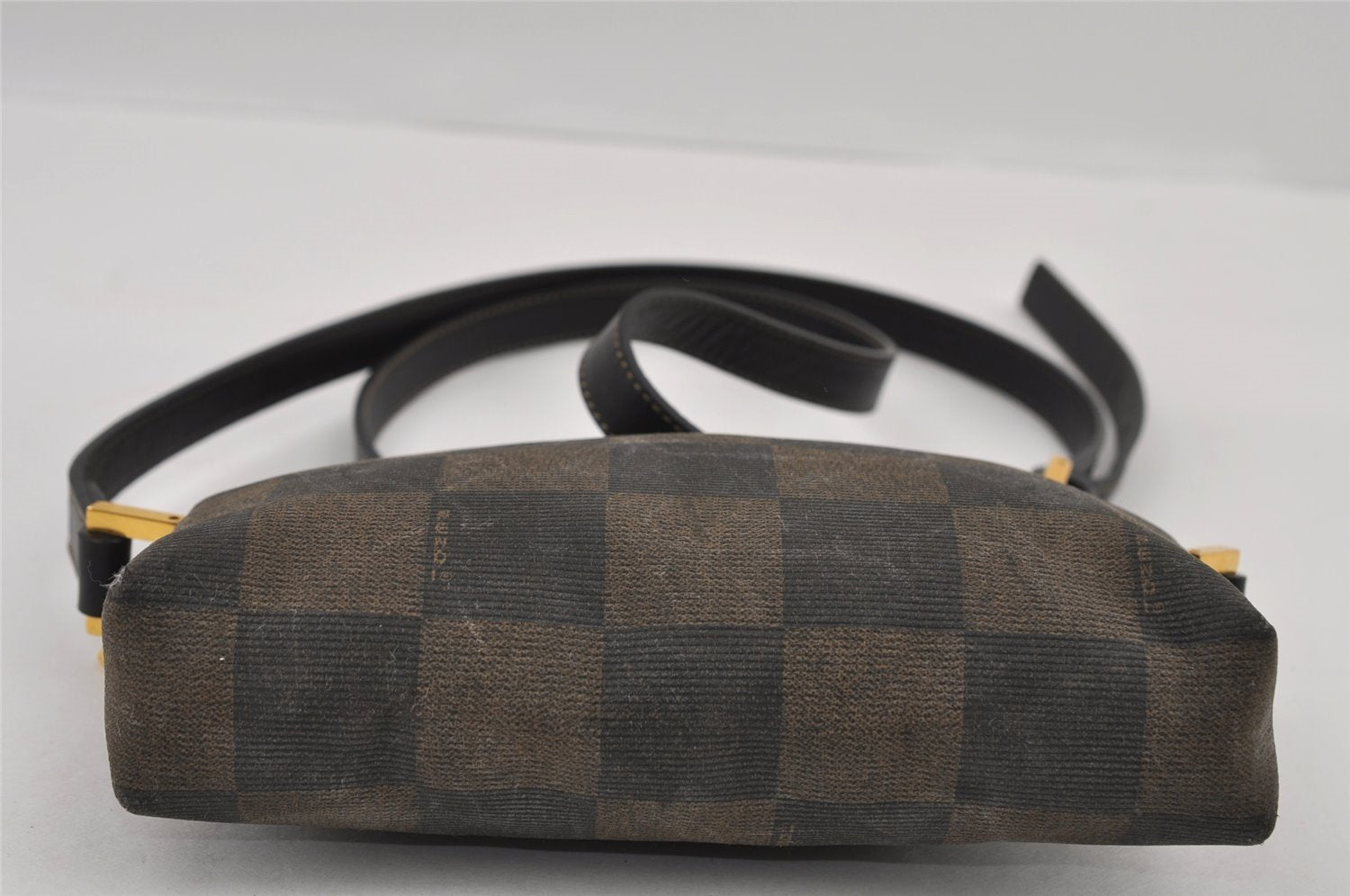 Authentic FENDI Pequin Check Shoulder Cross Bag PVC Leather Brown Black 2905I