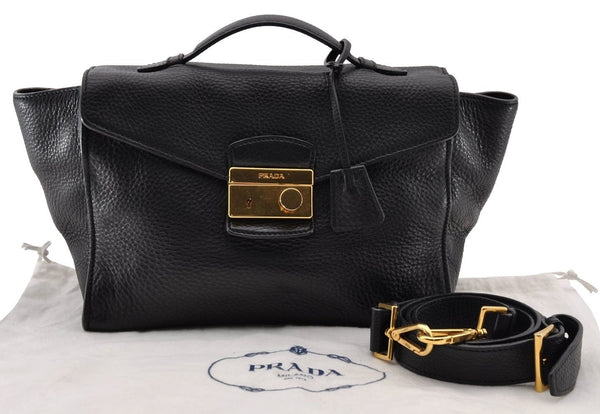 Authentic PRADA Leather Nappa 2Way Shoulder Cross Body Hand Bag Black 2906I