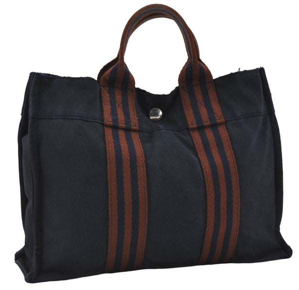 Authentic HERMES Fourre Tout PM Hand Tote Bag Canvas Navy Brown 2908E