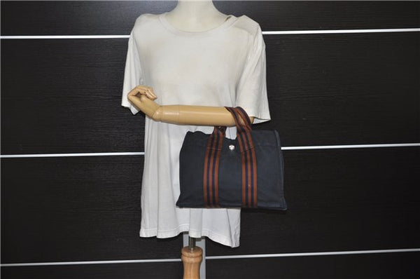 Authentic HERMES Fourre Tout PM Hand Tote Bag Canvas Navy Brown 2908E