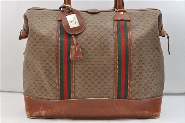 Authentic GUCCI Web Sherry Line Micro GG Travel Bag PVC Leather Brown 2909E