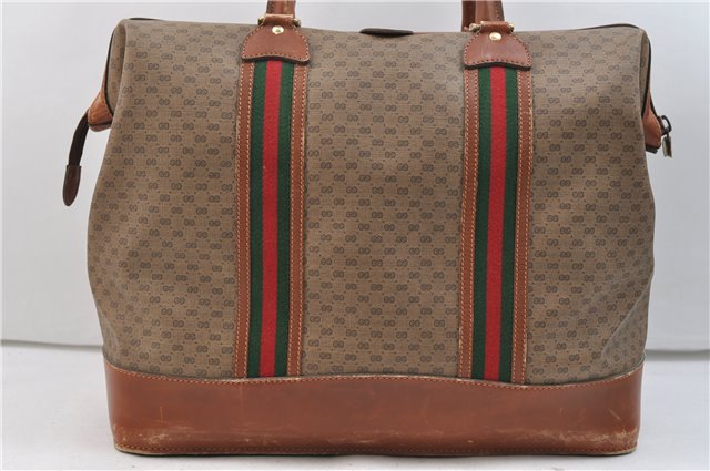 Authentic GUCCI Web Sherry Line Micro GG Travel Bag PVC Leather Brown 2909E