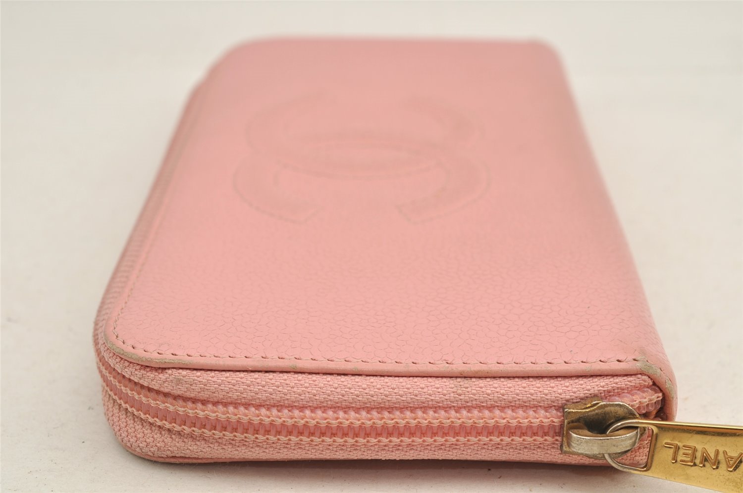 Authentic CHANEL Caviar Skin CoCo Mark Round Zip Long Wallet Purse Pink 2909I