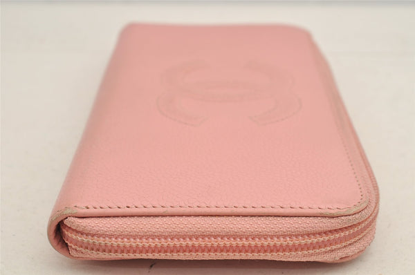 Authentic CHANEL Caviar Skin CoCo Mark Round Zip Long Wallet Purse Pink 2909I