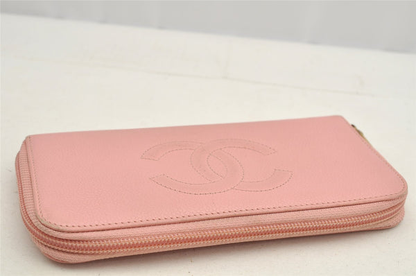 Authentic CHANEL Caviar Skin CoCo Mark Round Zip Long Wallet Purse Pink 2909I