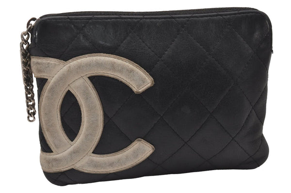 Authentic CHANEL Cambon Line Quilted CC Logo Calf Skin Pouch Black 2912I