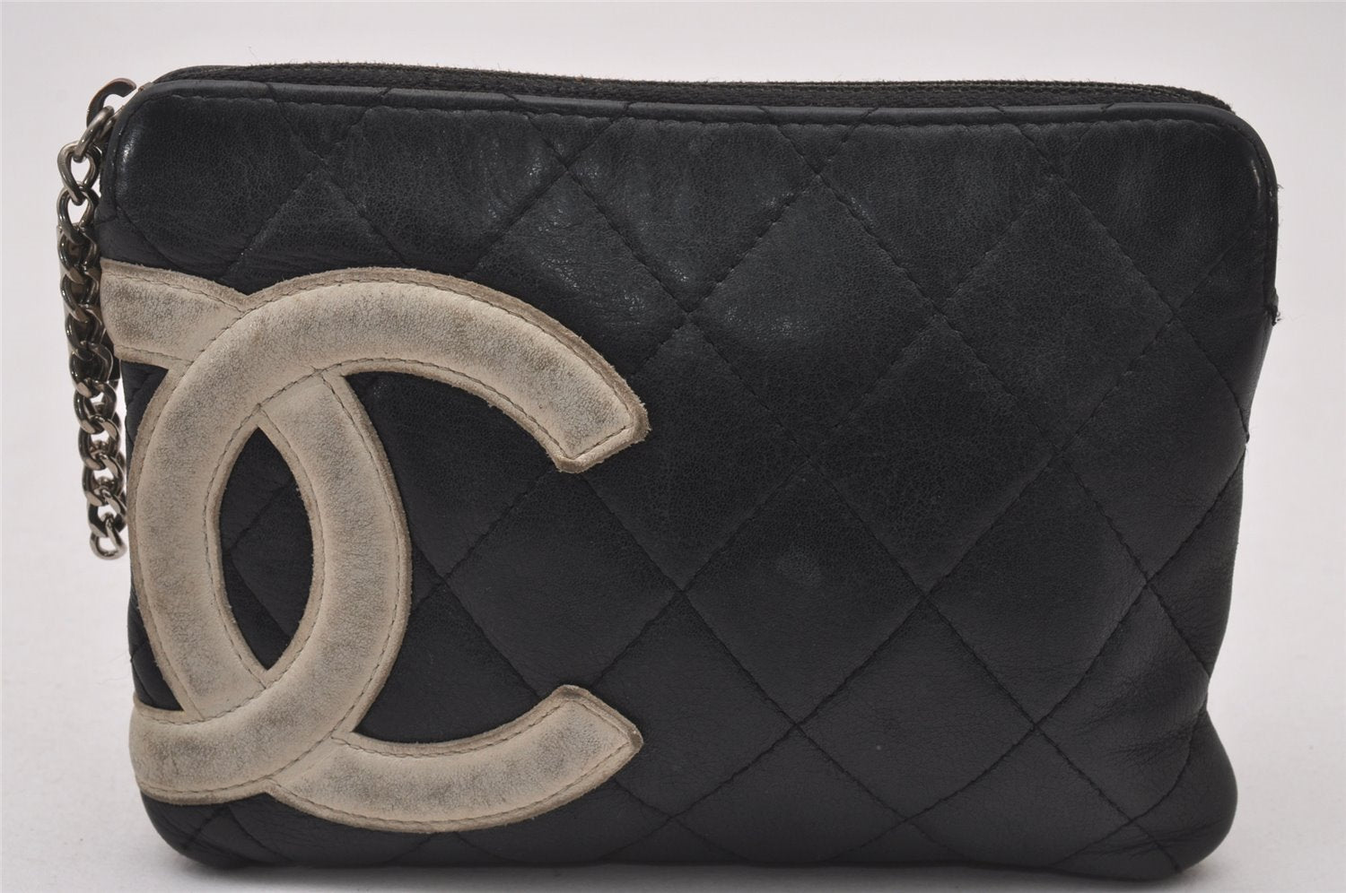 Authentic CHANEL Cambon Line Quilted CC Logo Calf Skin Pouch Black 2912I