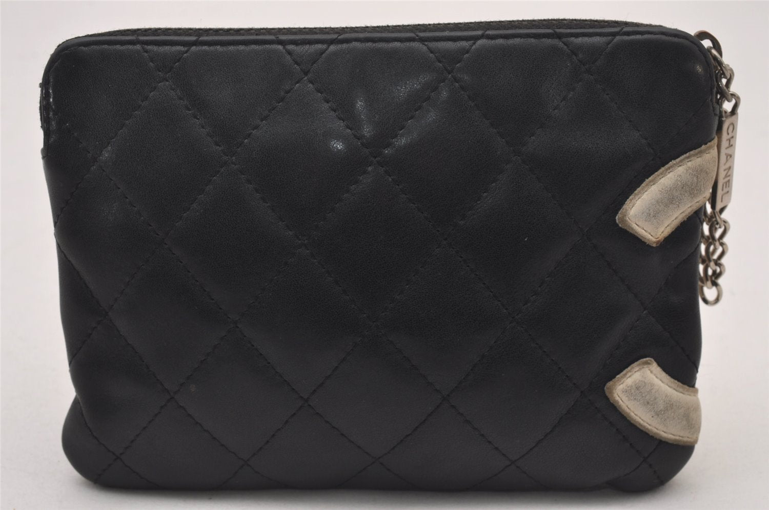 Authentic CHANEL Cambon Line Quilted CC Logo Calf Skin Pouch Black 2912I