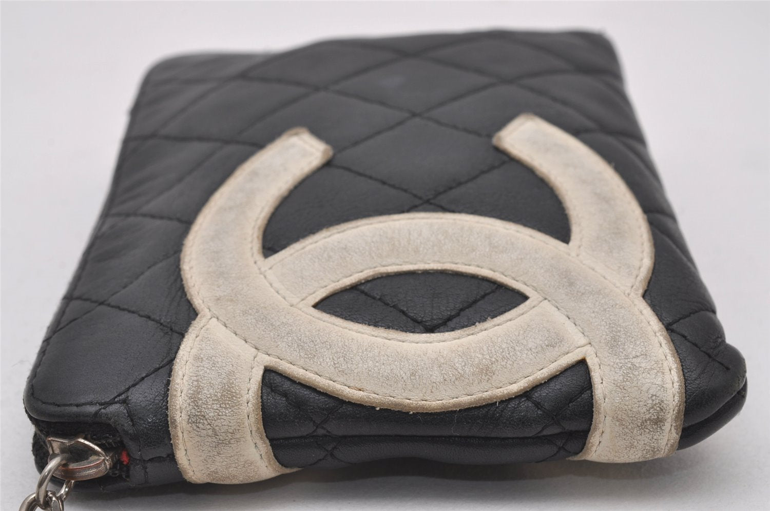 Authentic CHANEL Cambon Line Quilted CC Logo Calf Skin Pouch Black 2912I