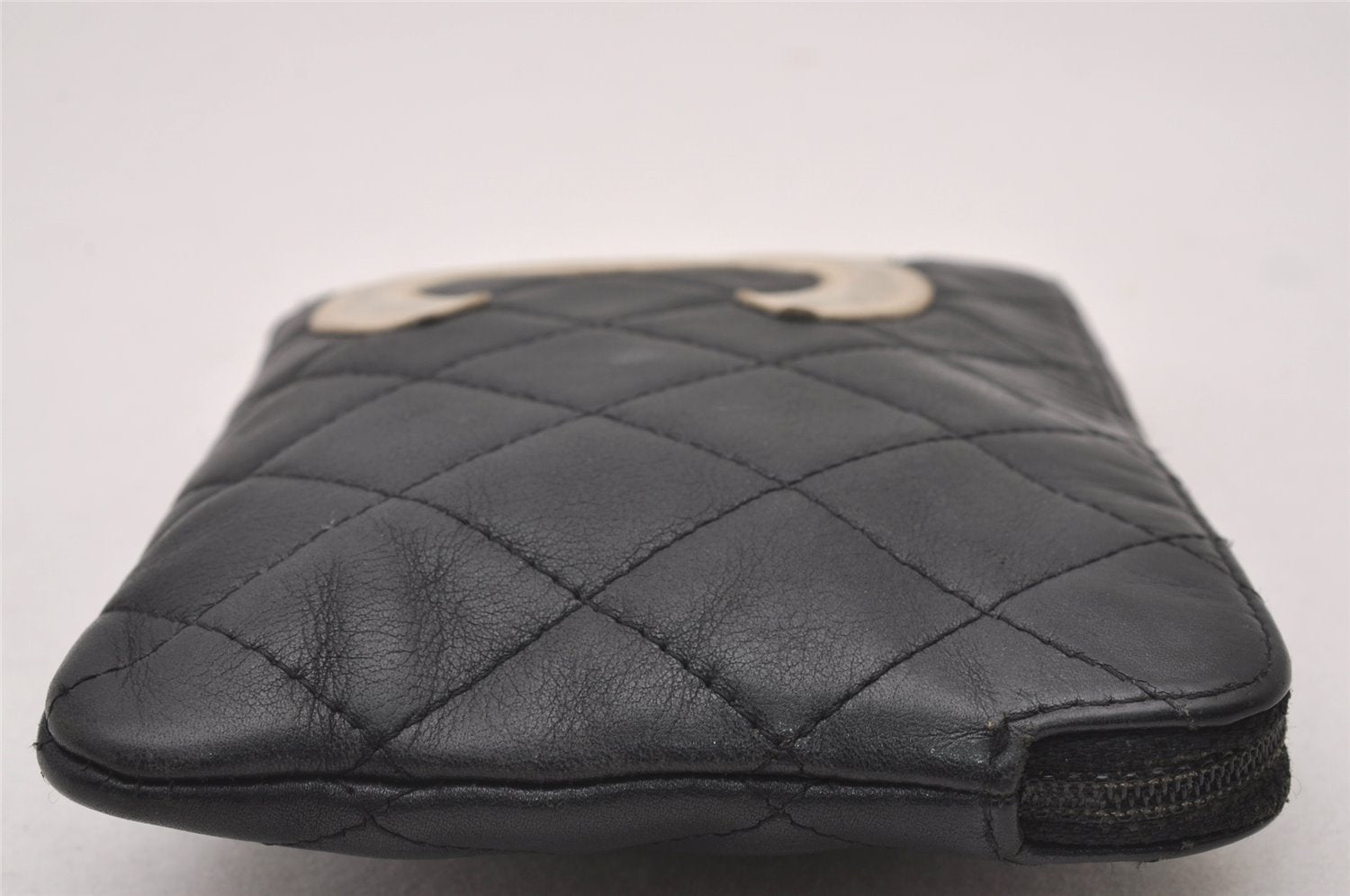 Authentic CHANEL Cambon Line Quilted CC Logo Calf Skin Pouch Black 2912I