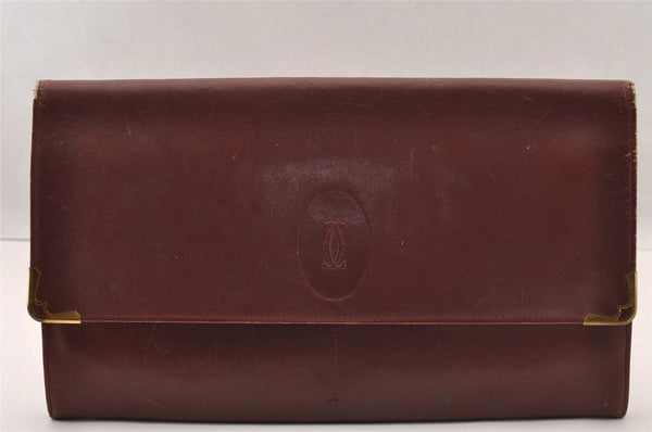 Authentic Cartier Must de Cartier Clutch Hand Bag Leather Bordeaux Red 2915I