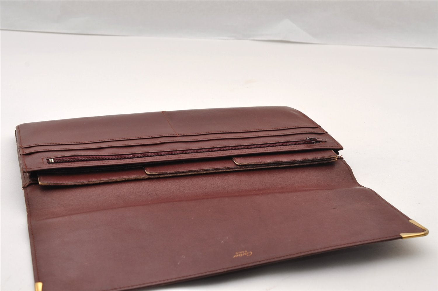 Authentic Cartier Must de Cartier Clutch Hand Bag Leather Bordeaux Red 2915I