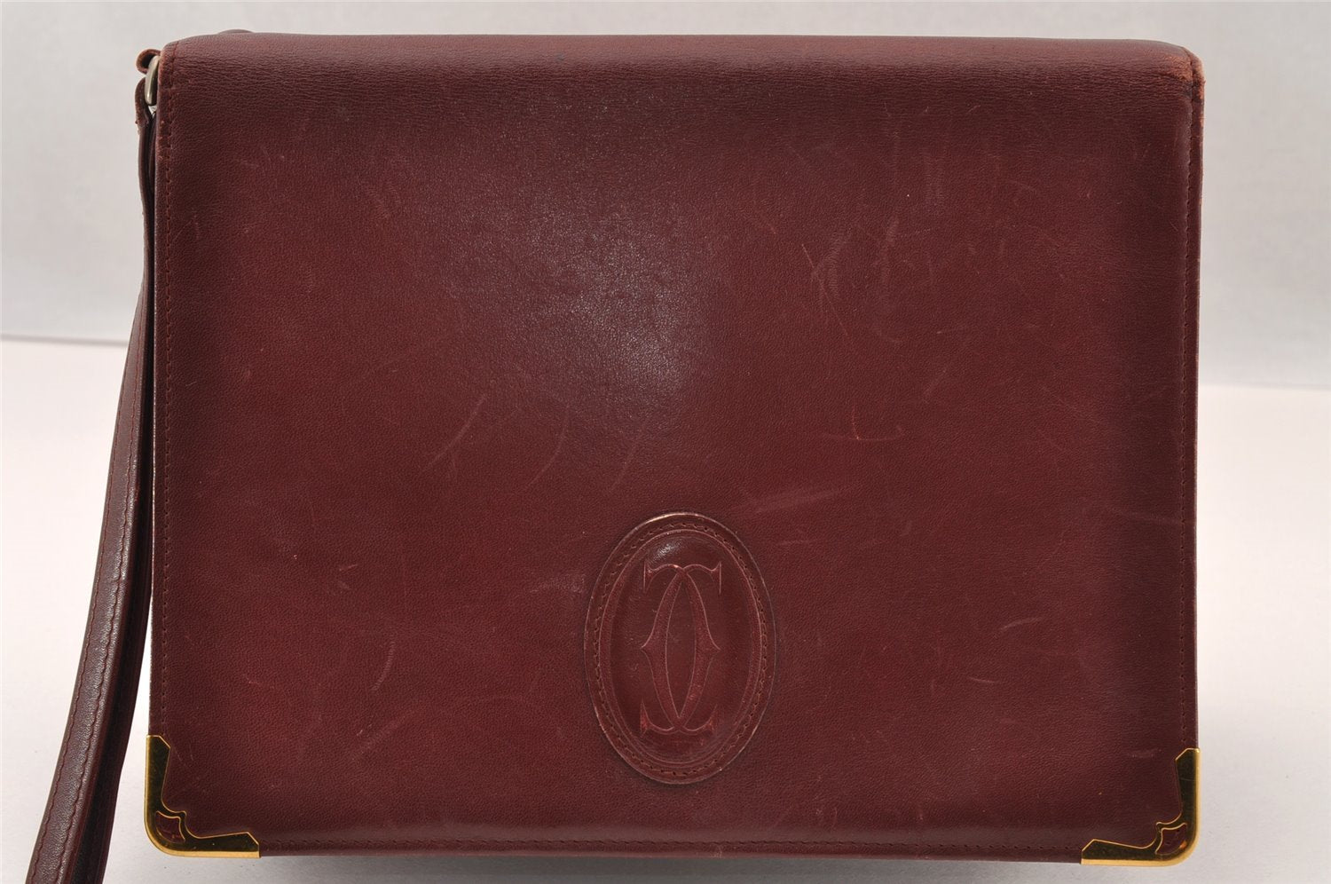 Authentic Cartier Must de Cartier Clutch Hand Bag Leather Bordeaux Red 2916I