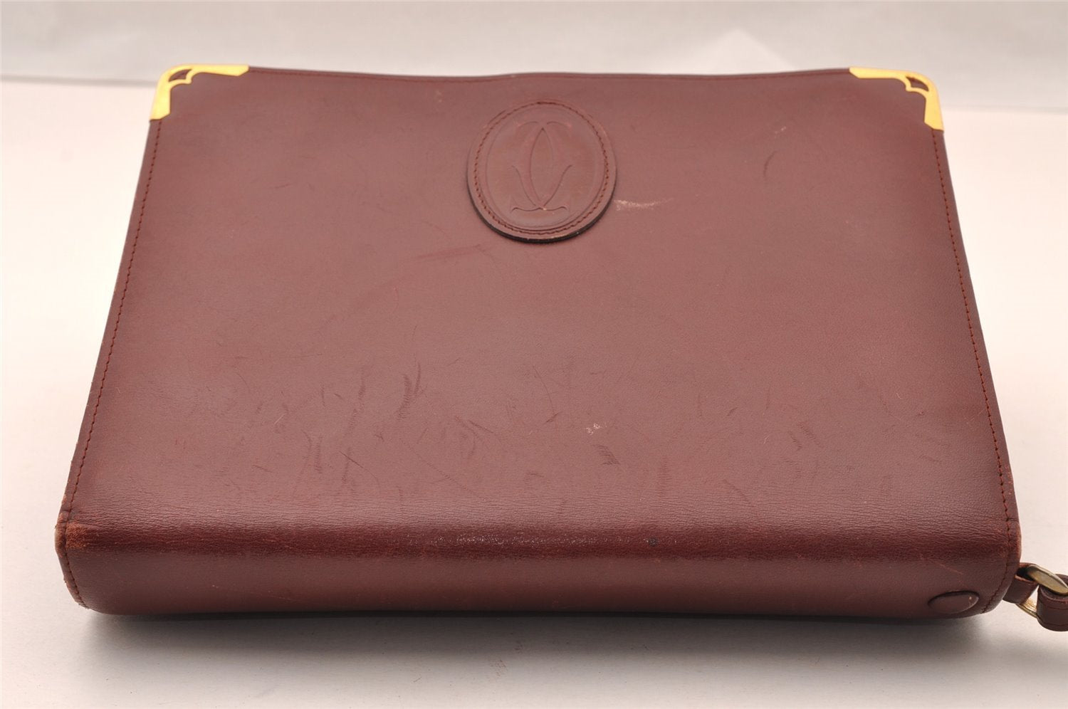 Authentic Cartier Must de Cartier Clutch Hand Bag Leather Bordeaux Red 2916I