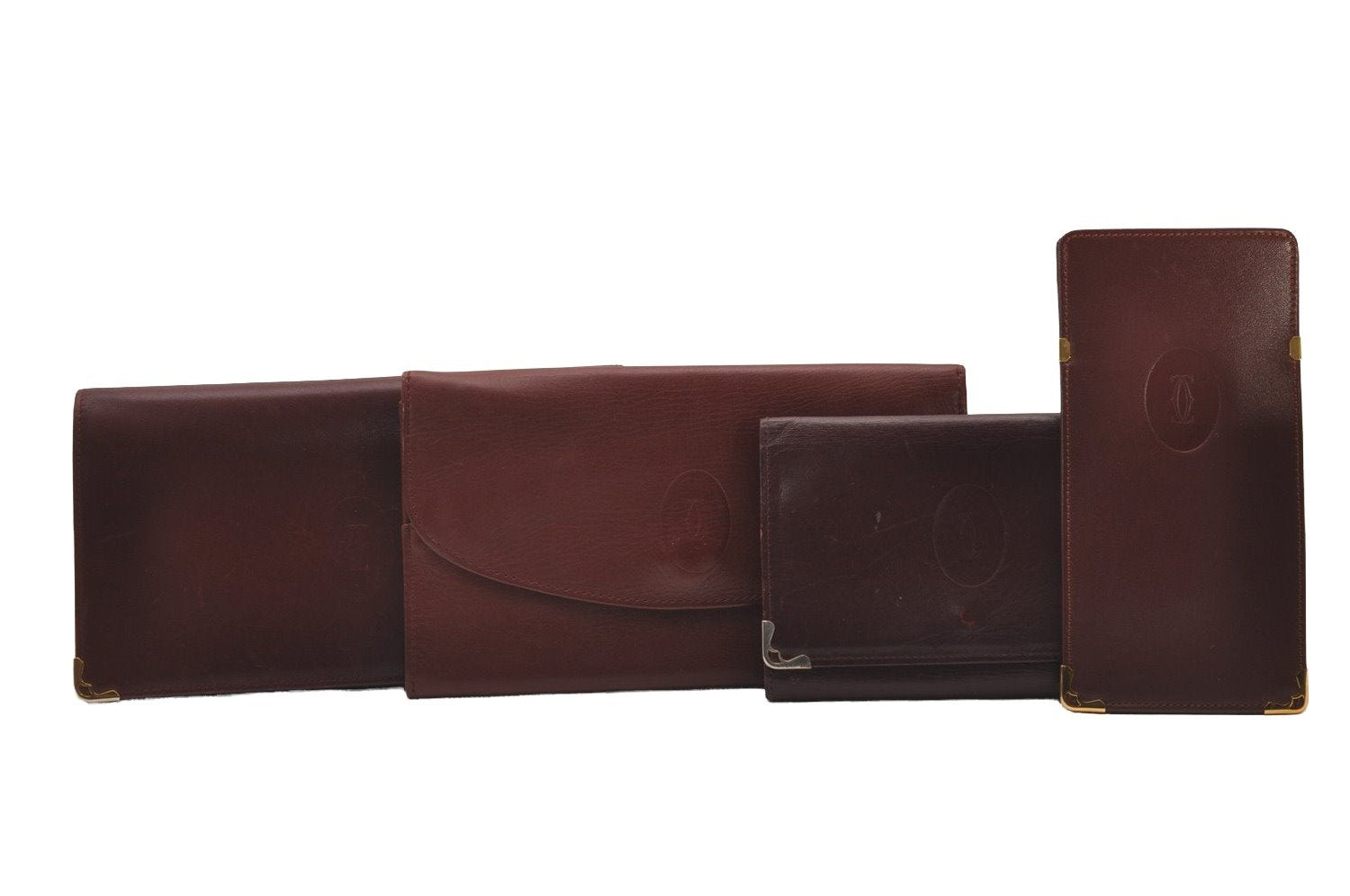 Authentic Cartier Must de Long Wallet Glasses Case Leather Bordeaux 4Set 2918I