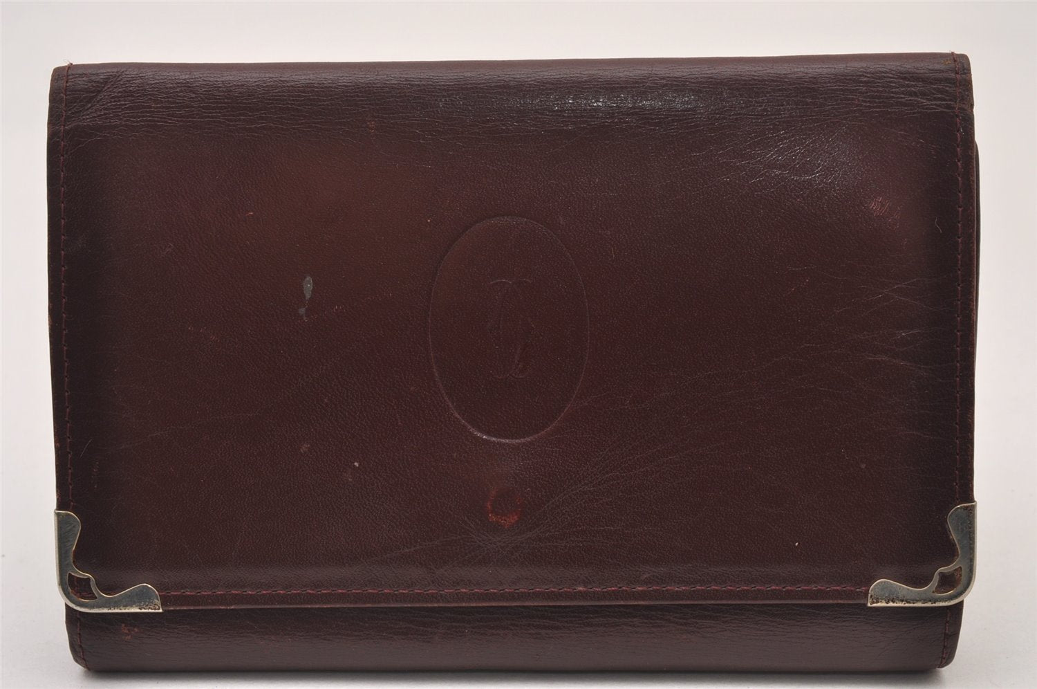 Authentic Cartier Must de Long Wallet Glasses Case Leather Bordeaux 4Set 2918I