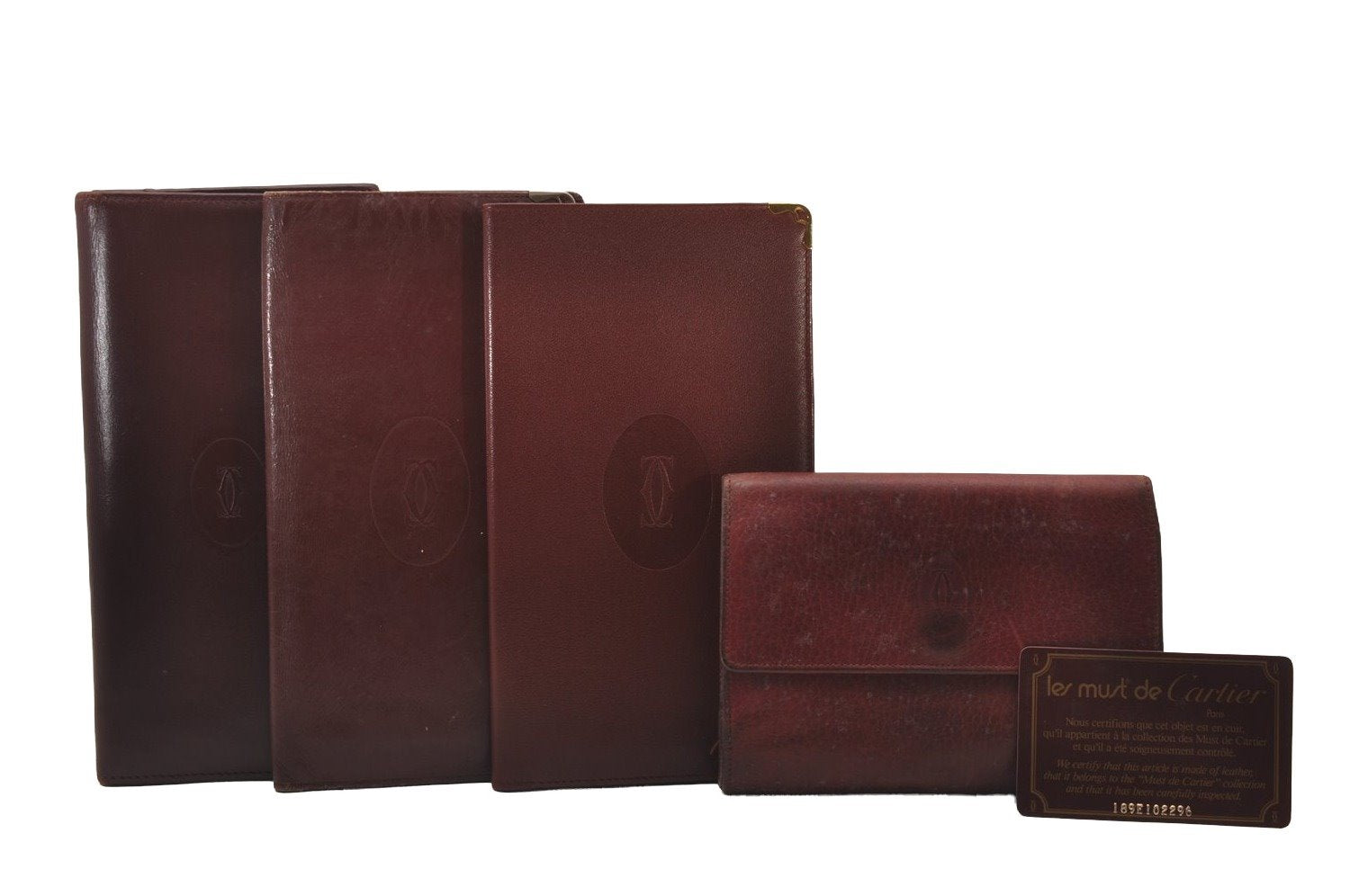 Authentic Cartier Must de Long Trifold Wallet Purse Leather Bordeaux 4Set 2919I