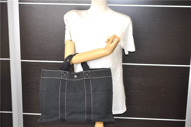 Authentic HERMES Deauville MM Hand Tote Bag Canvas Black 2920E