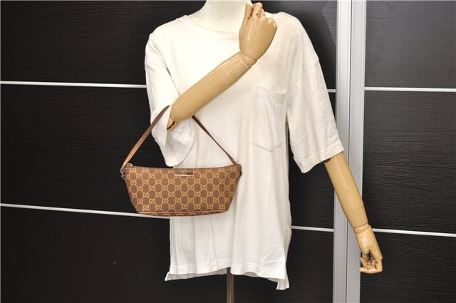 Authentic GUCCI Vintage Hand Bag Pouch Purse GG Canvas Leather Brown 2921E