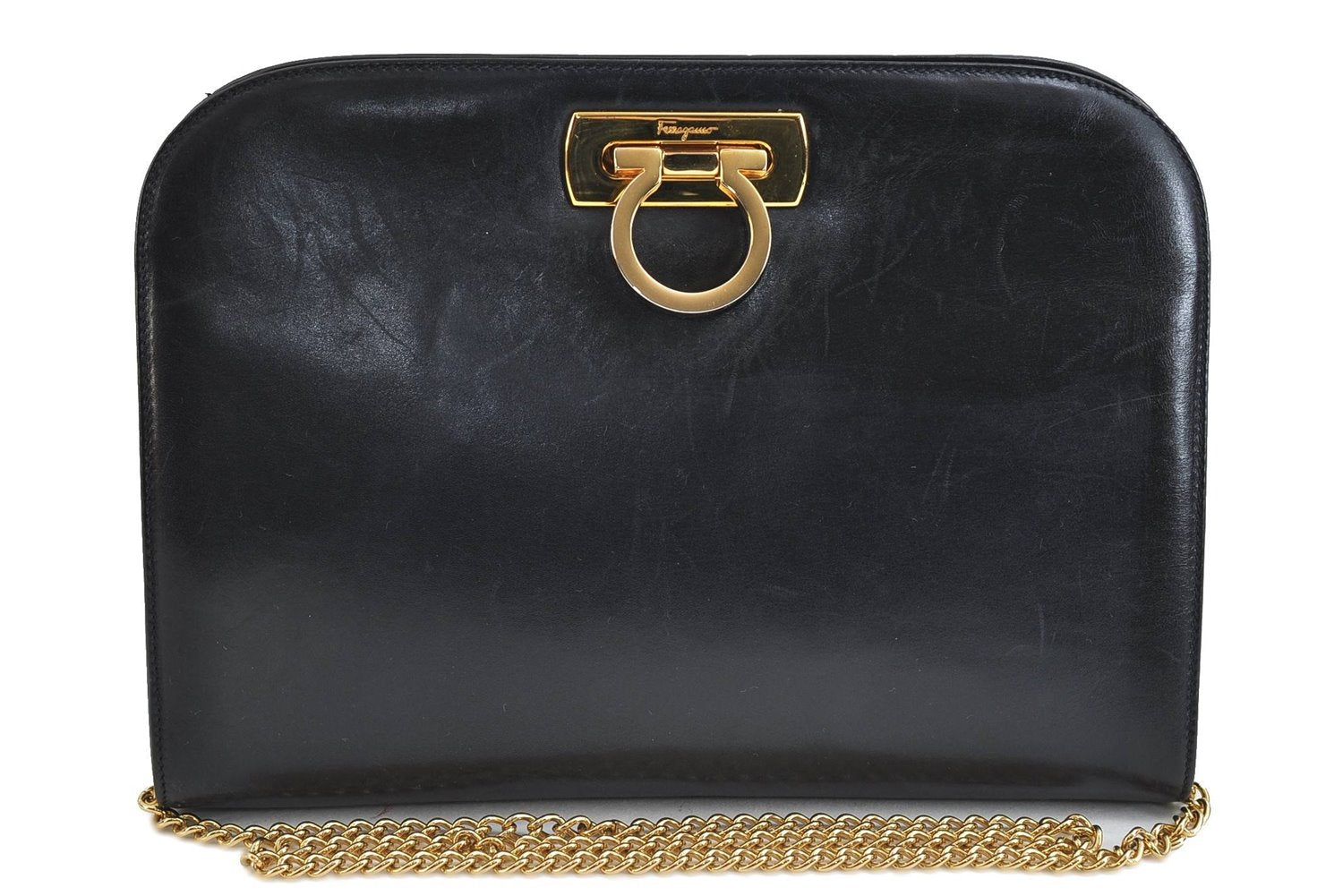 Auth Ferragamo Gancini Leather Chain Shoulder Cross Body Bag P210587 Navy 2925D