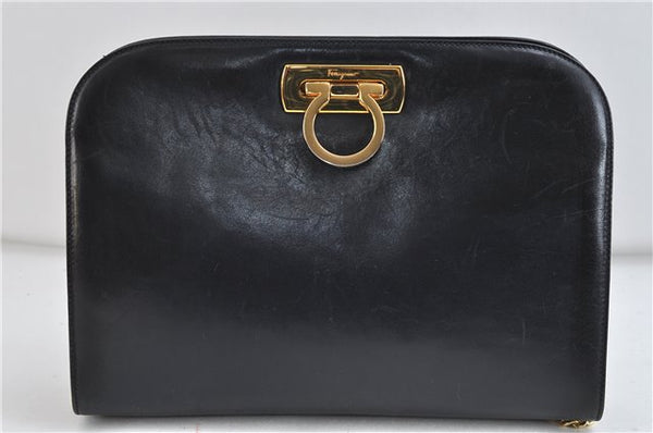 Auth Ferragamo Gancini Leather Chain Shoulder Cross Body Bag P210587 Navy 2925D