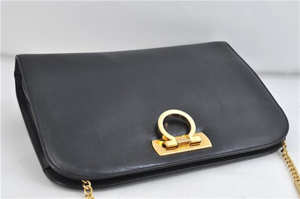 Auth Ferragamo Gancini Leather Chain Shoulder Cross Body Bag P210587 Navy 2925D