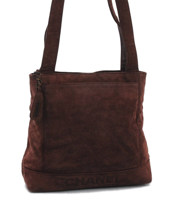 Authentic CHANEL Suede Leather Logo Shoulder Tote Bag Brown CC 2928D