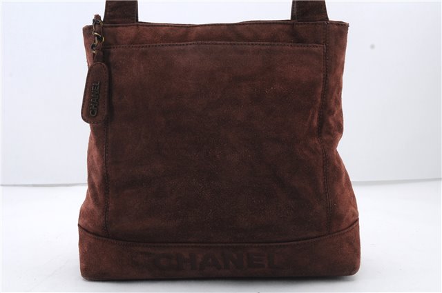 Authentic CHANEL Suede Leather Logo Shoulder Tote Bag Brown CC 2928D