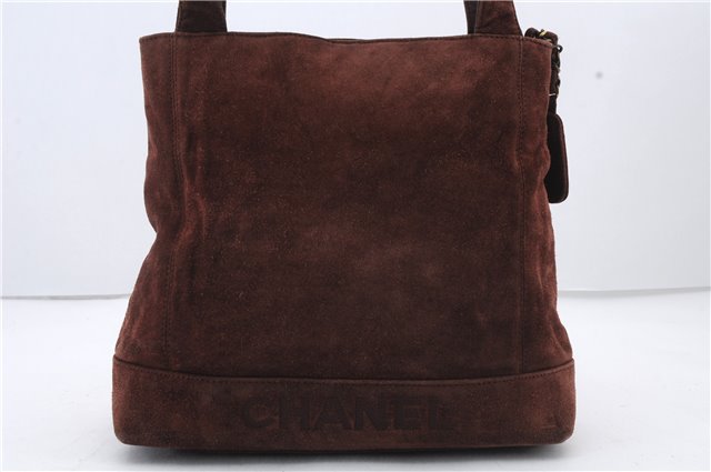 Authentic CHANEL Suede Leather Logo Shoulder Tote Bag Brown CC 2928D