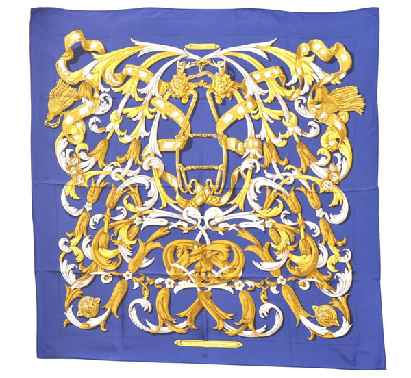 Authentic HERMES Carre 90 Scarf "LE MORS A LA CONETABLE" Silk Blue Box 2930D