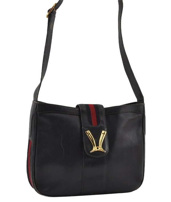 Authentic GUCCI Sherry Line Vintage Shoulder Bag Purse Leather Navy Blue 2932I