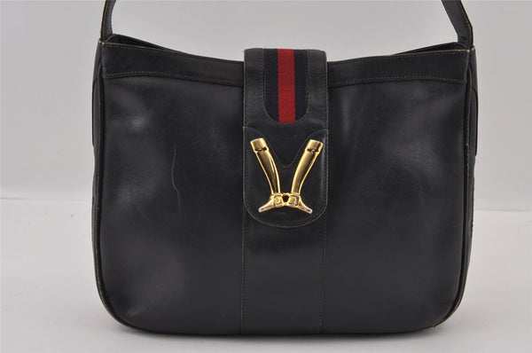 Authentic GUCCI Sherry Line Vintage Shoulder Bag Purse Leather Navy Blue 2932I