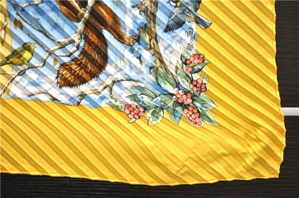 Authentic HERMES Pleats Scarf "LES QUATRE SAISONS" Silk Yellow Box 2938D