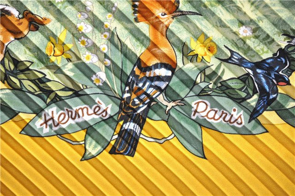 Authentic HERMES Pleats Scarf "LES QUATRE SAISONS" Silk Yellow Box 2938D