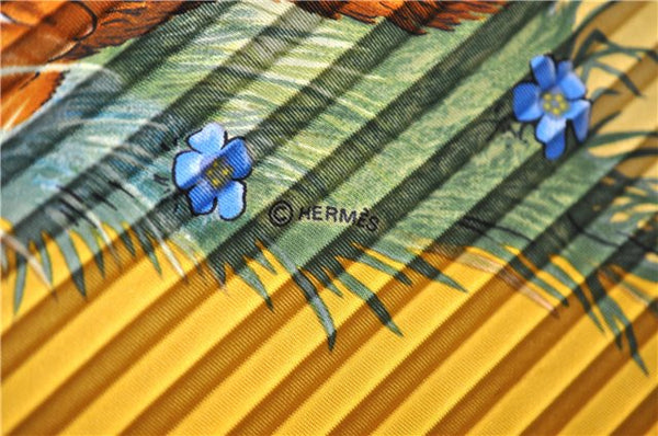 Authentic HERMES Pleats Scarf "LES QUATRE SAISONS" Silk Yellow Box 2938D