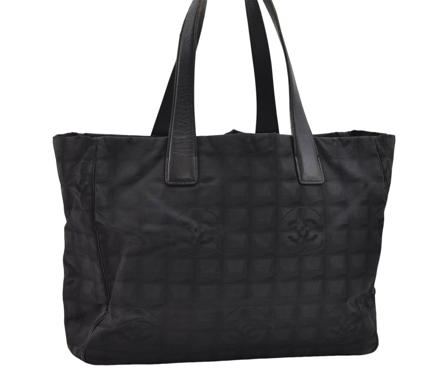Authentic CHANEL New Travel Line Shoulder Tote Bag Nylon Leather Black 2961E